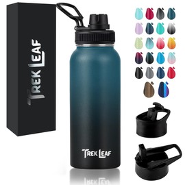 Trek Leaf Travel Water Bottle with 3 Lids (Spout, Straw, Flip) Leak Proof, Quality, Vacuum Insulated, Stainless Steel (Cascade Shadow, 32 oz)