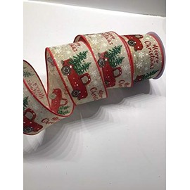 MIABE Ribbons Supplies for 10 Yds - 2 1/2” Wired Red Truck with Christmas Tree Faux Burlap/Linen Ribbon for DIY Craft, Gift Wrapping, Christmas Wreaths Decoration.