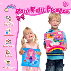 Toddler Arts & Crafts Kit DIY Toy, Mermaid & Unicorn Pom Poms Crafts Gifts for Kids Ages 2 3 4 5 6 - Toddler Crafts DIY Sensory Activity - Builds Fine Motor & Coordination Skills Makes 6 Art Pieces