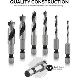 NEIKO 11401A 6 Piece Brad Point Drill Bit Set, Stubby Drill Bit Set for Wood, 1/4" Quick Change Hex Shank, HSS 4241 High Speed Steel for Quick Change Chucks and Drives, Drill Bit Holder Included
