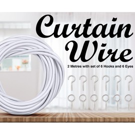 ZYBUX - 2x3 Metres Curtain Wire Hooks and Eyes 12 Hooks and 12 Eyes | Multi-Purpose Voile Curtain Wire Kit | Cable Net Curtains for Windows | (White, 6m)