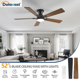 Dolavast Ceiling Fans with Lights, 52 Inch Low Profile Ceiling Fan with Light and Remote Control, Flush Mount, Reversible, 3CCT, Dimmable LED, Quiet, Black Ceiling Fan for Bedroom, Living Room