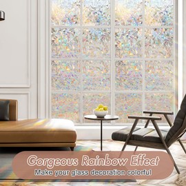 Haton Window Privacy Film, Stained Glass Rainbow Film Decorative Window Clings, Static Cling Sun Blocking Stickers Decals Coverings Tint for Home Heat Control, Non-Adhesive 17.5" x 78.7"