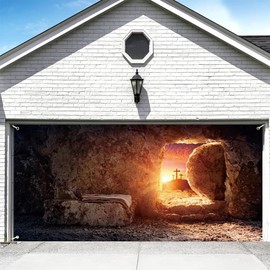 DORCEV 7x16ft Empty Tomb Garage Door Banner Jesus Christ Holy Light Sunset Stone Hole Door Cover Background Three Crosses on Mountain Crucifix Lord Pray Easter Church Events Decor Photo Props