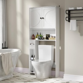 infurnic Over The Toilet Storage Cabinet, Farmhouse Wooden Storage Cabinet Over Toilet Bathroom Organizer with Adjustable Shelves Toilet Paper Holder for Bathroom，Laundry Room&Small Space, White