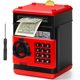 Electronic Piggy Bank for Kids, Money Bank with Password/Cute Mini ATM Piggy Bank Coin Can, Auto Scroll cash Safe Box, Great and Practical Birthday Gifts for Boys & Girls (Black and Red)