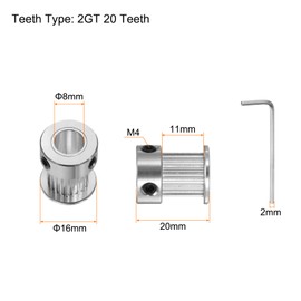 sourcing map 2GT Pulley 20 Teeth 8 mm Bore 16 mm Diameter Aluminium Timing Belt with 2 mm Hex Key for 10 mm Wide Belt 3D Printer CNC Machine Accessories Silver Tone Pack of 10