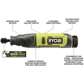 Rotary Tool Kit Bundle with Ryobi Lithium Rotary Tool, 15 Piece Accessories and Buho Zipper Pouch - Cordless Convenience, Quick-Change Collet, 2.0 Ah USB Battery and Charging Cable