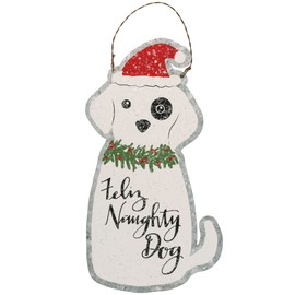 Primitives by Kathy Metal Feliz Naughty Dog Christmas Ornament Holiday Décor Hanging Tree Decorations Festive Dog Themed Gift/Pet Lover/Santa Hat/Snowy Effect/Wreath Collar