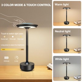 Kipliko Ecolume Cordless Table Lamp,LED Portable Battery Operated Lamp, Dimmable Stepless 3-Color LED with Memory Function. Portable for Home Office/Dinner/Restaurant/Living Room.(Black)