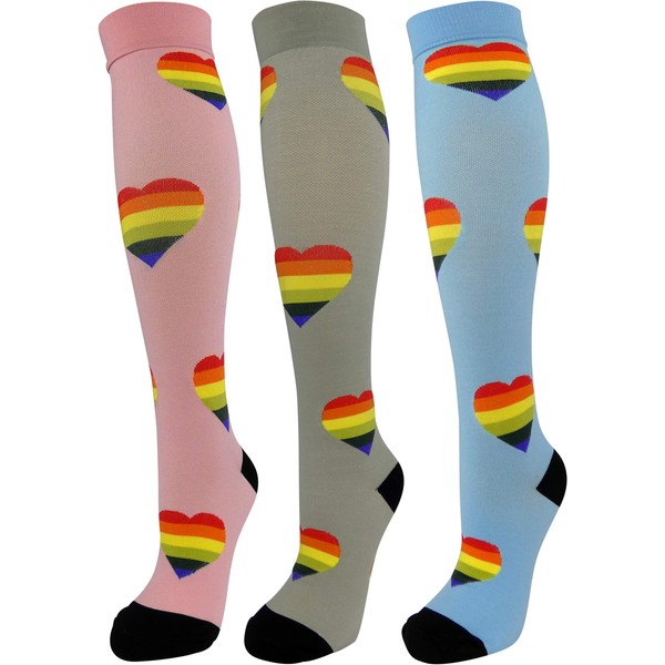 3 Pair Large/X-Large Premium Quality Colorful Moderate Graduated Compression Socks 15-20 mmHg. Nurses, Running, Travel, Knee-High, Mens and Womens Style & Rainbow Hearts Designs
