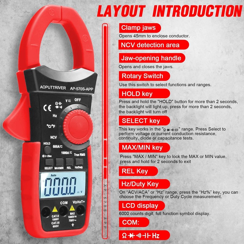 AP-570S-APP 6000Count Bluetooth Clamp Meter Digital Multimeter Clamp Meter with