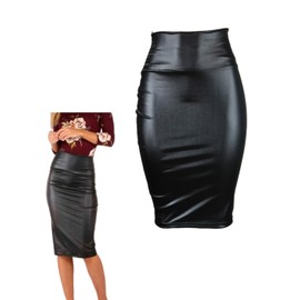 PU High Waist Bodycon Pencil Midi Skirt, Black Faux Leather Wrap - Casual & Office Skirt for Work, Casual & Prom
