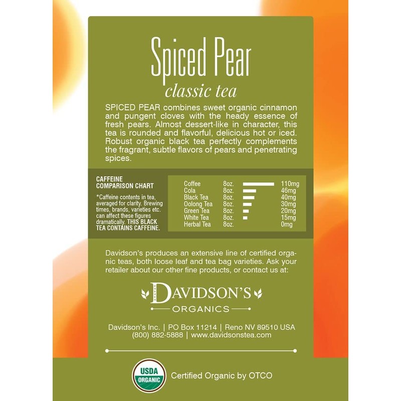 Davidson's Organics, Spiced Pear, 8-count Tea Bags, Pack of 12
