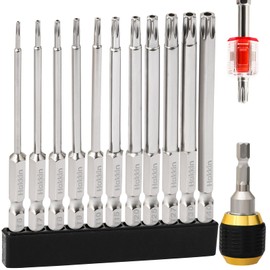 Hakkin 11-Piece T6-T40 75 mm Torx Bit Set Long with Hole 1/4 Inch Torx Screwdriver Bit Set for Impact Wrench S2 T20 T25 T40 Star Screwdriver with Bit Holder Magnetic Bit Set for Cordless Screwdrivers