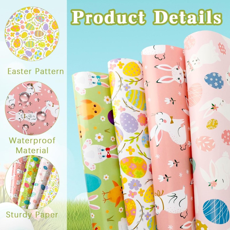 Easter Wrapping Paper, 12 Sheets Easter Gift Wrapping Paper 19.7
