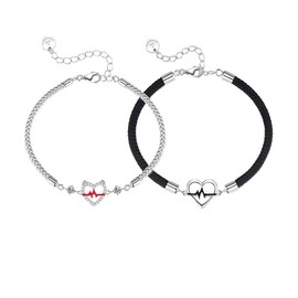 sunglnl Couples Bracelets, 2 Pcs Matching BF And GF Rhinestone Heartbeat Charm Bracelet Silver Black Permanent Love Wrap Copper Bracelets Set For His And Hers Jewelry Gift (Couples)
