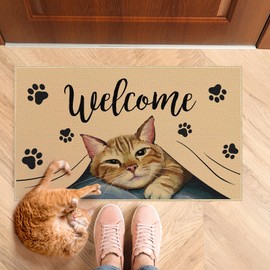 Welcome Cat Door Mat, Cat Footprint Non Slip Entrance Floor Mat, Family Cat Decoration Indoor and Outdoor Entrance Mat 29 x 17 Inch Rubber Kitchen Doormat for Indoor Outdoor Holiday Decoration