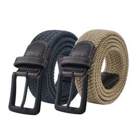 Maikun Elastic Belt, Mens Black Buckle Stretch Woven Belt,2 Pack Black Khaki Waist 42'' and Below