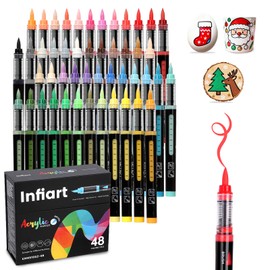 Infiart 48 Colors Acrylic Paint Markers Brush Tip, Automatic Ink Control Acrylic Paint Pens Waterproof Acrylic Markers Set for Christmas Decorations, Stone, Wood, Glass, DIY & Art Supplies