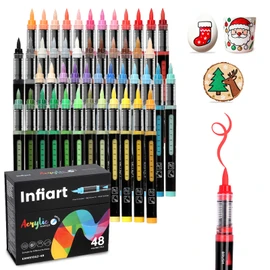 Infiart 48 Colors Acrylic Paint Markers Brush Tip, Automatic Ink Control Acrylic Paint Pens Waterproof Acrylic Markers Set for Christmas Decorations, Stone, Wood, Glass, DIY & Art Supplies