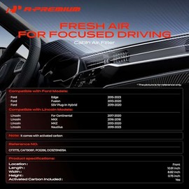 A-Premium - Filtro de aire de cabina con carbón activado compatible con Ford Edge, Fusion & Lincoln Continental, MKX, MKZ, Nautilus, 2013-2023, reempl