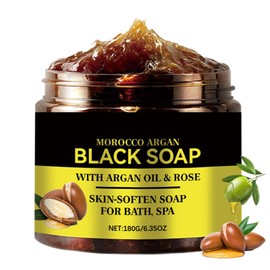 ARCHIDATE Morocco Black Soap With Argan and Rose, Organic & Natural Exfoliating Body Soap, Deep Cleansing, Removes Impurities, Rich with Olive Oil, Moisturize & Nourish Skin, Leaves Skin Soft & Smooth