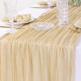 DeZerlor Champagne Cheesecloth Table Runner Boho Gauze Table Runner Rustic Sheer Table Runner 120 inches Long for Wedding Bridal Baby Shower Summer Fall Table Decor