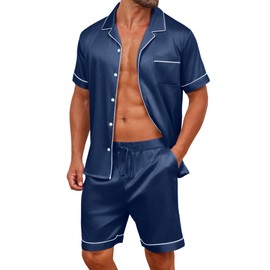 Vssjavun Men Satin Silk Pajamas Set with Pockets Sleepwear Shorts Satin Summer Loungewear 2 Piece Button Down Set S-3XL Navy Blue