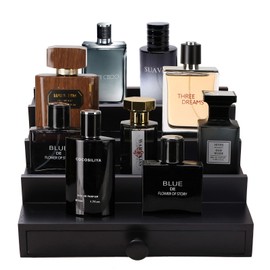 Fengligoo Black Cologne Organizer for Men - 4 Tier Wooden Perfume Display Stand with Drawer and Hidden Compartment for Organizing and Storing, Cologne Holder Shelf for Dresser