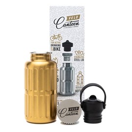 Velo Canteen 13.5 Oz, Fits in Bicycle Bottle Cage, 2 Lids (Straw Lid),Gold Color, Double Walled Vacuum Insulated Stainless Steel, Coffee Bottle