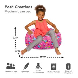 Posh Creations Bean Bag Chair for Kids, Teens, and Adults Includes Removable and Machine Washable Cover, Canvas Multi-Colored Hearts on Pink, 27in - Medium