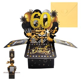 60th Pop Up Birthday Cards for Women Greeting Birthday 3D Pop Up Black Gold Greeting Card with Note and Envelope for Mom Aunt Wife (60th)