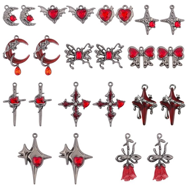 SUNNYCLUE 1 Box 24Pcs 12 Styles Gothic Heart Charms Red