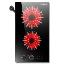 Karinear 110V Electric Cooktop 2 Burners, 12 Inch Electric Stove with Plug in, Countertop & Built-in Ceramic Stove Top, Knob and Sensor Touch Control, Multifunctional Radiant Stove(Black)