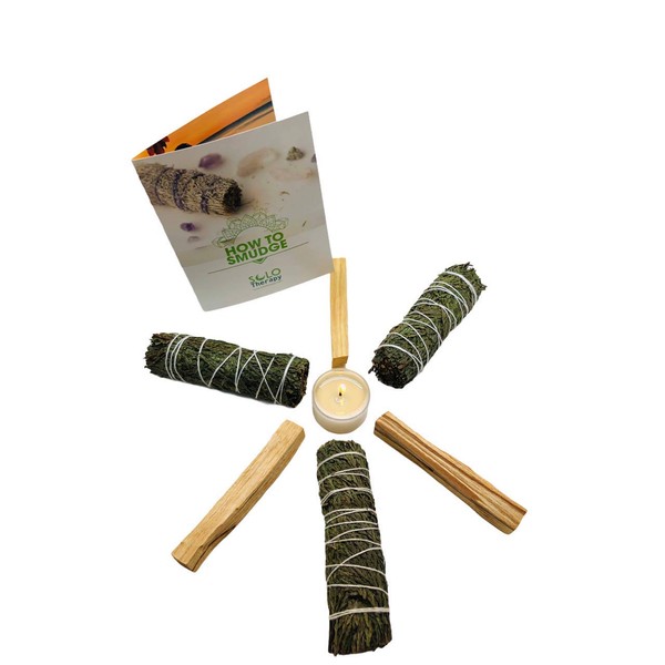 Solo Therapy Smudge Kit: 3 Cedar Smudge Sticks, 3 Palo Santo Sticks from Perú, 1 Frankincense Tea Light Candle for Cleansing, Meditation, Yoga, How to Smudge Guide Included (Cedar Smudge Kit)