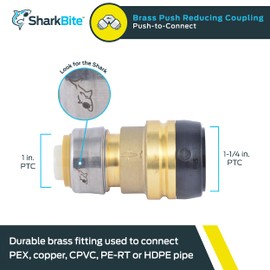 SharkBite 1-1/4 Inch x 1 Inch Reducing Coupling, Push to Connect Brass Plumbing Fitting, PEX Pipe, Copper, CPVC, PE-RT, HDPE, UXL013528