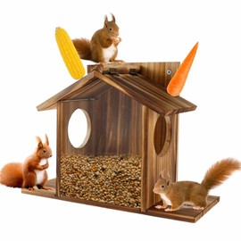 Squirrel Feeder House, Wooden Squirrel Feeder Box Garden Ornaments Squirrel Feeding Station Easy to Fill for Squirrel and Chipmunk, Chipmunk Feeder Stations for Backyard