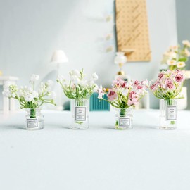 Miniature Flower in Vase Dollhouse Mini Jasmine Flowers Handmade Easily Matched Dollhouse Flower Vase Set Model Decor for 1:6 or1:8 Scale Micro Landscape Dollhouse Accessories (Pink)