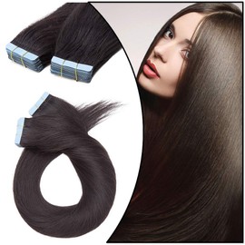 Tape-In Real Hair Extensions for Full Head, Remy Straight Human Hair, 40 Wefts, 22 Inches / 55 cm, 100 g, #1B Natural Black
