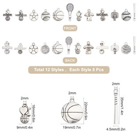 SUNNYCLUE 1 Box 96Pcs 12 Styles Sports Charms Tibetan Style Ball Games Baseball Football Soccer Basketball Love Alloy Pendants for Jewelry Making Charms Bracelets Necklaces Findings, Antique Silver,