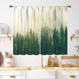 Lnepty Green Forest Curtains,Misty Forest Nature Landscape Curtains Woodland Pine Tree Scene Mountain Window Drapes for Living Room Bedroom Bathroom 2 Panel,55X39 Inch