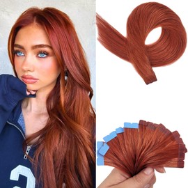 Copper Mini Tape in Hair Extensions Real Hair Pre-taped Invisible Straight Copper Red Tape in Human Hair Extensions for Girls