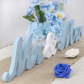 Mr and Mrs Signs Wedding Table Decorations, Wooden Freestanding Letters for Photo Props, Rustic Wedding Decoration, Anniversary Wedding Shower Gift (Classical Blue + Banner)