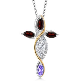 Cross Necklace For Women In 925 Silver and 10K Yellow Gold with White Moissanite and Garnet and Blue Tanzanite | 1.43 Cttw | Jesus Christian Religious Crucifix | Marquise 8X4MM | With 18 Inch Chain