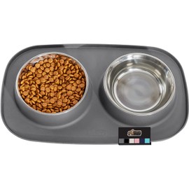Gorilla Grip 100% Waterproof BPA Free Cat and Dog Bowls Silicone Feeding Mat Set, Stainless Steel Bowl Slip Resistant Raised Edges, Catch Water, Food Mess, No Spills, Pet Accessories, 3 Cup, Gray