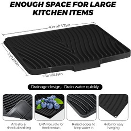 Escurreplatos de Silicona para Encimera – Escurreplatos Antideslizante Inclinada con Drenaje Rápido, Almohadilla Resistente al Calor con Acabado de Piedra, Fácil de Limpiar (Negro)