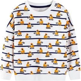 Toddler Cotton Jumper 2-3 Years White Digger Full Print Playwear with Black Stripe Round Neck Kids Boys Everyday Top