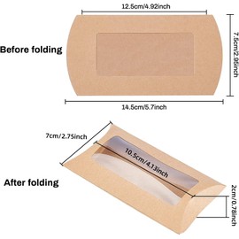 BENECREAT 30pcs 12.5x7.4x4.2cm Brown Kraft Paper Pillow Boxes with Clear Window, Candy Packaging Box Treat Box for Shower, Birthday and Wedding Party