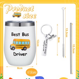 Rtteri 2 Pcs Bus Driver Appreciation Gifts School Bus Driver Gifts for Women Men Keychain Stainless Steel Tumbler Cup 12oz with Lid and Straw for Back to School Present(Cute)